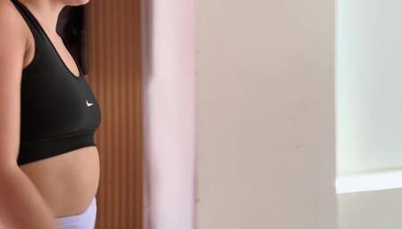 Beautiful blonde girl comes home hot after playing tennis and showers with clothes on