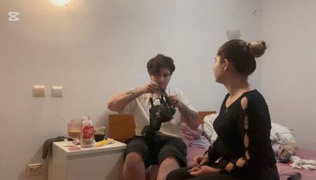 Face farting and smoke blowing directly into his facemask