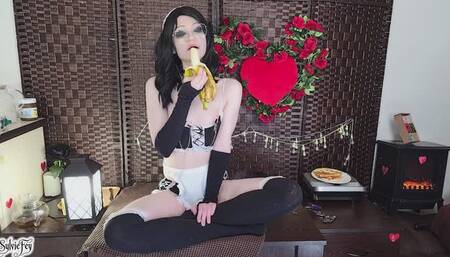 Maid Girl with Clamps Sucks Bananas