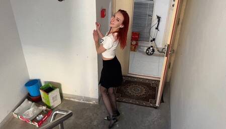 The girl plays hard with her heels and stockings, she tears stockings, walks on the dirty floor, then puts on heels and plays with them, crushing them (reissue)