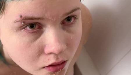 Rough face fucked slut pukes in the shower on cock