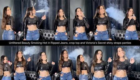Unfiltered Beauty Smoking Hot in Ripped Jeans, crop top and Victoria’s Secret shiny straps panties!