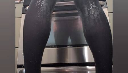 Desperate Accident While Cooking Wearing Red Short Shorts, Black Stockings, and Remote Vibrator