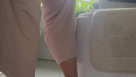 Satin outfit and clima cool pink sneakers fashion show and shoe play