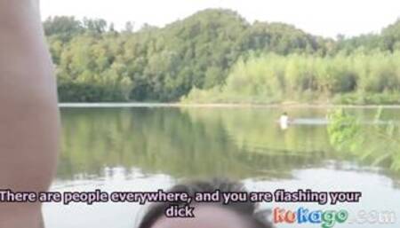 Big-Titted Babe Blows a Nerd on the Beach