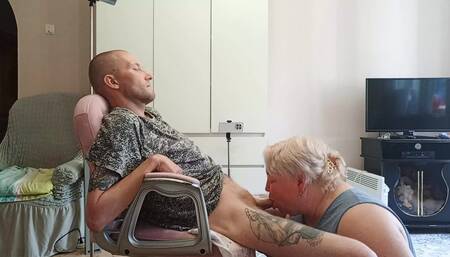 wife watches mother-in-law doing deep blowjob and swallowing cum