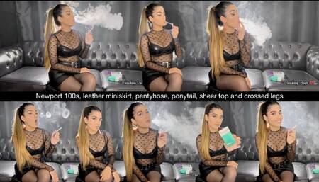 Newport 100s, leather miniskirt, black pantyhose, ponytail, sheer top and crossed legs