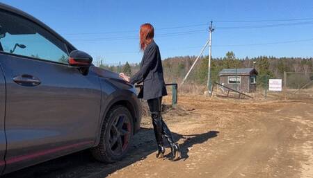 Businesslady in leather boots goes through the mud because her car can't drive on such a road, and she really needs to get to the right place (short version)