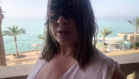 Hairy Pussy on the Outdoor Balcony Masturbates and Orgasms with Squirting.