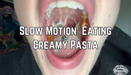 Phoenix Bates Eating Creamy Pasta In Slow Motion 4k HD - Open Mouth Chewing - Extreme Close Ups - Uvula - Messy Tongue