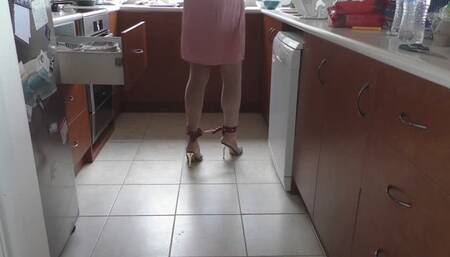 Submissive Sissy Dishwashing in High Heel Mules and Ankle Cuffs