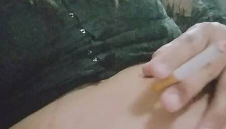 Smoking with gothic music and outfit showing my belly button