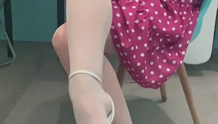 Public flashing in white nylons and high heels