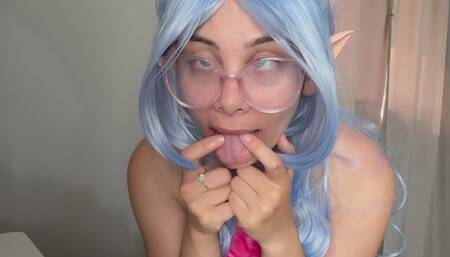Elf girl in cosplay costume hiccuping and masturbating until orgasm