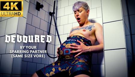 Devoured by Your Sparring Partner: Same Size Vore - Jaq Quicksilver - Your wrestling buddy swallows you whole into bloated belly - 4k mp4