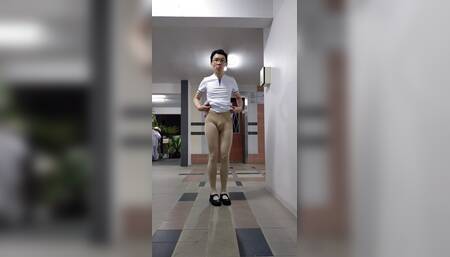 Wearing singhealth nurse dress, white nurse pantyhose and nurse shoes.