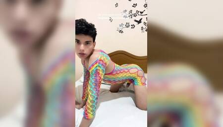 FEMBOY USING STEPMOM'S CLOTHES and playing with his ASS
