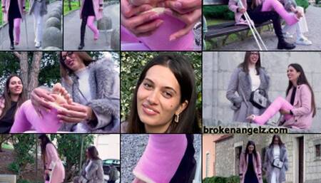 Lara LLC Crutching Around Town and Resting POV Foot Show (in HD 1920X1080)