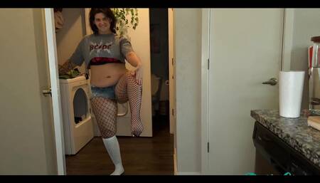 Spicy Tradwife Lifei Dress in Daisy Dukes, Black Fishnets and a Crop Top Tee Shirt to Do My Housework