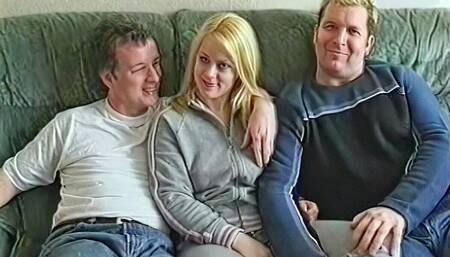 Short Amateur Blonde Fucks with Two Guys