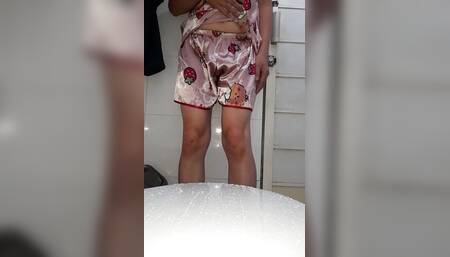 Masturbating Wearing Girl Satin Pajamas with Short Pants
