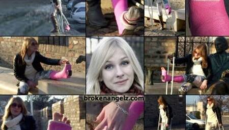 Beatrice Term LLWC Cobblestone Stair Struggle on Crutches with and without Cast Sock & Foot Play (in HD 1920X1080)