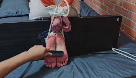 Mich is tied back to the stocks, gagged and her soles are tickled