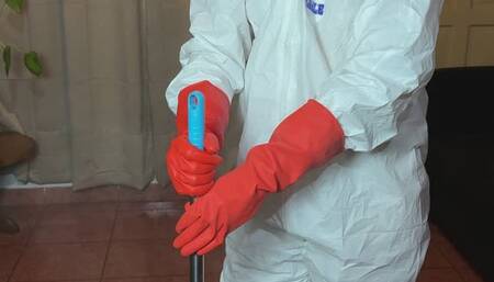 mopping the floor in hazmat suit