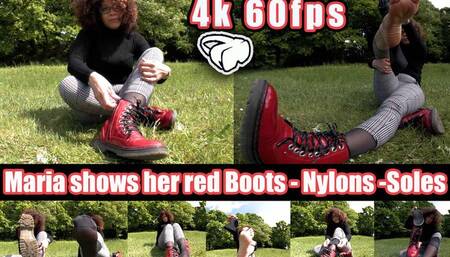 4K 60fps | Model Maria shows off her red boots, nylons, and soles in great detail, holding everything up close to the camera