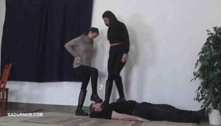 Olga and Natasa love to trample the slave in boots wmv