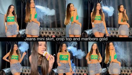 Jeans mini skirt, crop top and marlboro gold