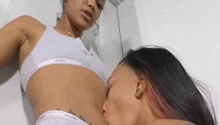 Remy licks Honey (standing)