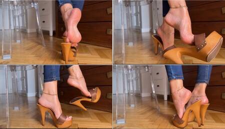 Solesmad dangling in Kiara Brown wood mules with french pedi
