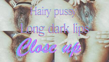 Hairy pussy and long dark labia : close up