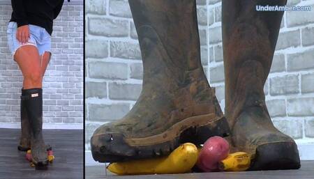 Goddess Amber - Bananas, Boots & Balls - Smashing Your Cock & Balls Under My Dirty Hunter Wellies - 191 Split Cam - Trample Trampling CBT Food Crush Crushing Bootjob Footjob Shoejob Cumshot