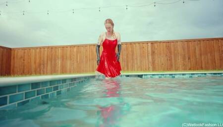 Jessica Has Some Pool Fun Wearing a Sexy Satin Dress