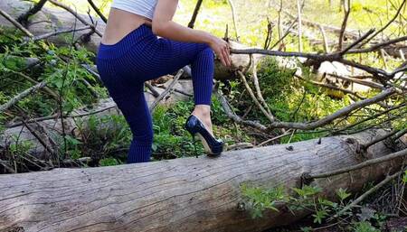 Stiletto high heels climbing, walk uphill and downhill on high heels, heels in the forest