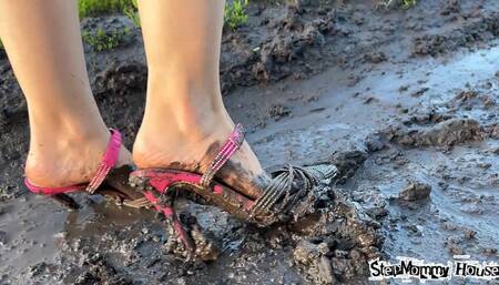 Broken Shine Shoes Stiletto Sinking into the Ankle in Mud - Walking Outdoors off Road, Dirty Slingbacks, Wet & Messy, Discarded shoes, Powerful Woman 4k