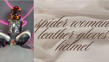spider woman dildo riding in leather gloves and helmet