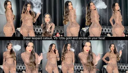 Sheer leopard catsuit, VS 120s gold, red lips and smoke in your face!