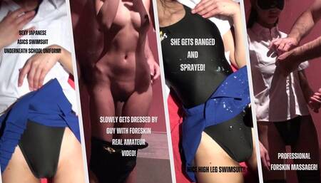 Uncircumcised Guy, Klauss Dresses Lady in School Clothes with her Competition Swimsuit Underneath!