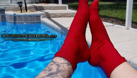 Sock Feet make a Splash, Soaking Wet Soles Close Ups and a Bare Foot, Dripping Toes Reveal at the Poolside! HD MP4 File version