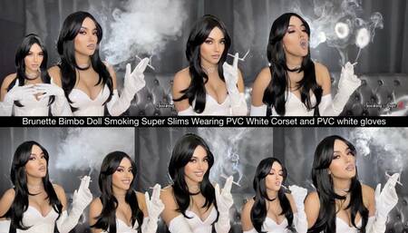 Bimbo Doll Smoking Super Slims Wearing PVC White Corset and PVC white gloves close up!