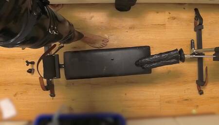 Latex Chastity Cage Sissy on Sex Machine Pillory and Double Dildo