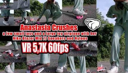 VR 5,7K 60fps | Anastasia crushes a few small toys and a large toy airplane with her Nike Blazer Mid 77 sneakers and nylons