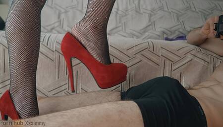 Girl in red high heels, shoe pounding and penis trampling, lots of sperm