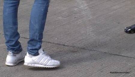 toy car crush in adidas trainer white sneakers