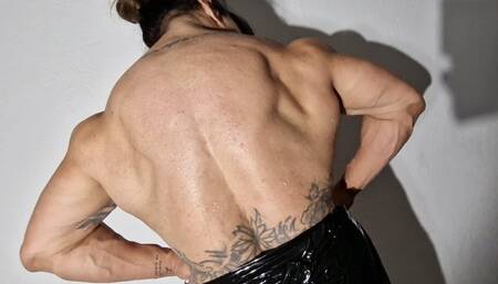 Fbb stripping film back plastic hardcore strength open wide back lats traps big pecs chest feats of strength in black for strong woman muscle huge offseason lovers pumped high!