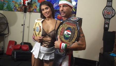 PORNSTAR CHAMPION VS BIG BREAST BABE IN FULL NELSON WRESTLING HOLD MATCH & HOT BLOWJON