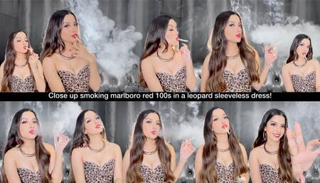 Close up smoking marlboro red 100s in a leopard sleeveless dress!